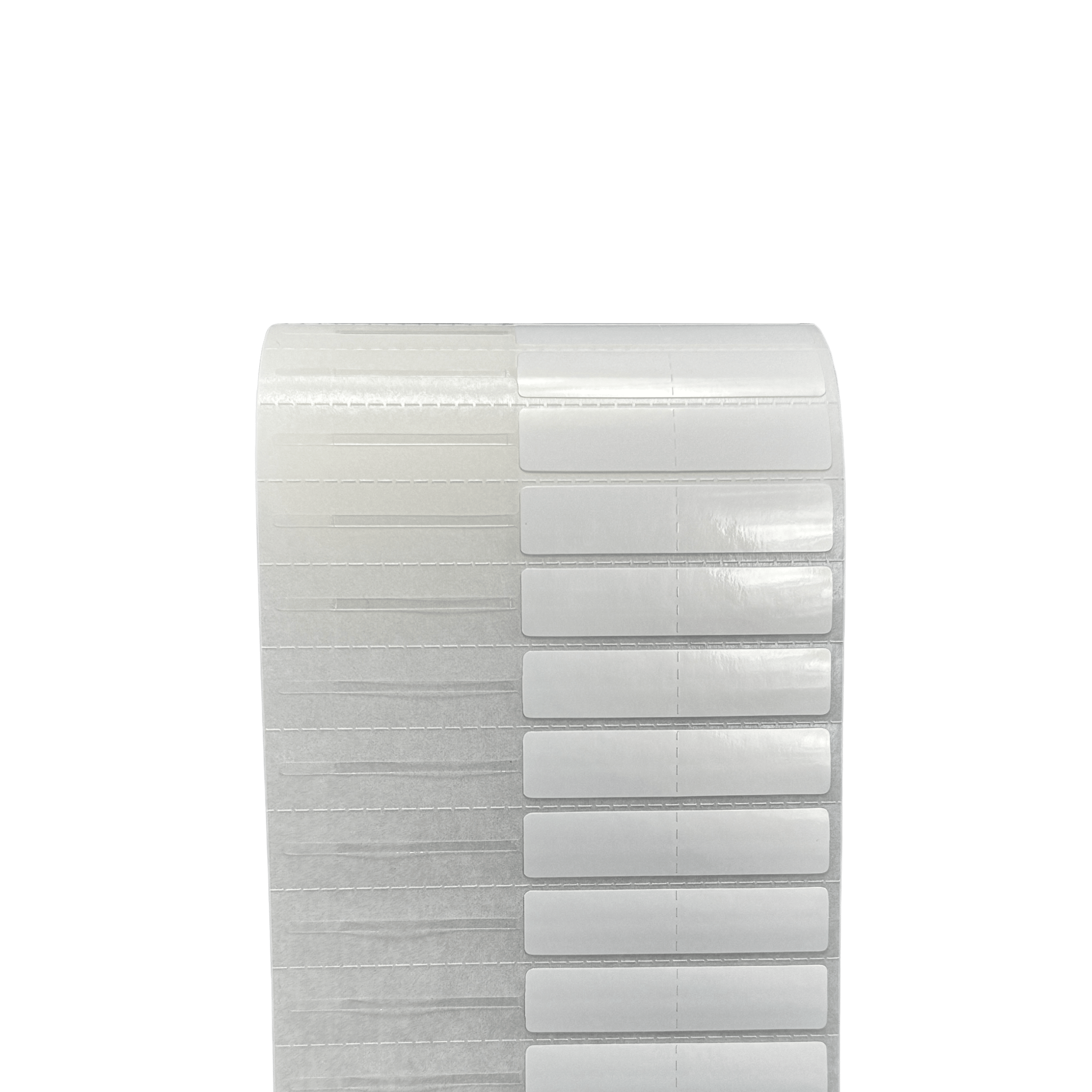 PP Gloss White Jewelry Label with Transparent Tail 7.0 x 0.85 cm<br>สติ๊กเกอร์จิวเวลรี่เนื้อพีพีขาวเงา/พีพีขาวมันหางใส<br>ไดคัทหางหนู ขนาด 7.0 x 0.85 ซม.