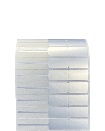 Polyester Silver Matte Jewelry Label 8.0 x 1.2 cm<br>สติ๊กเกอร์จิวเวลรี่เนื้อโพลีเอสเตอร์เงินด้าน<br>ไดคัทหางหนู ขนาด 8.0 x 1.2 ซม.