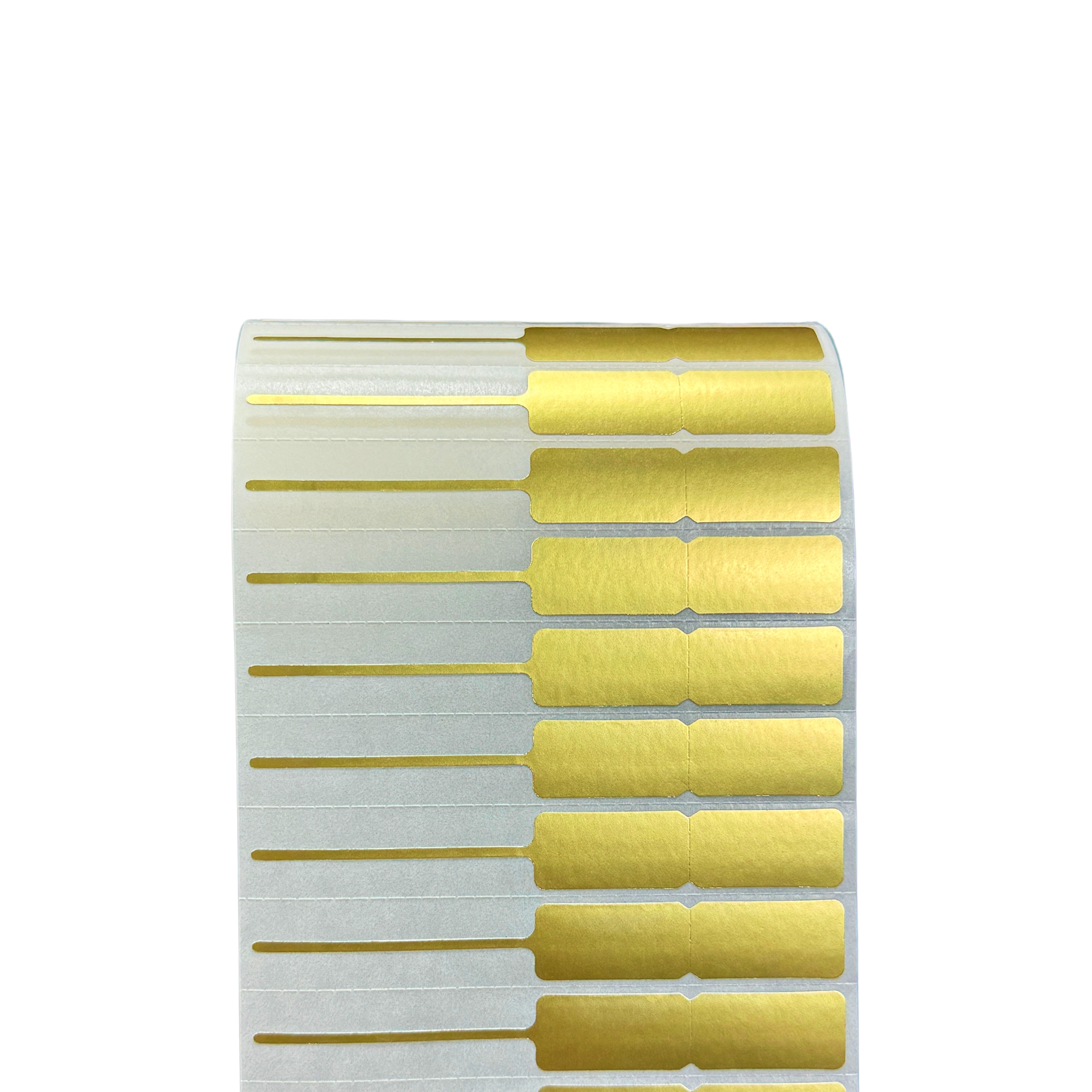 PP Gold Matte Jewelry Label 8.4 x 1.1 cm<br>สติ๊กเกอร์จิวเวลรี่เนื้อพีพีทองด้าน<br>ไดคัทหางหนู ขนาด 8.4 x 1.1 ซม.