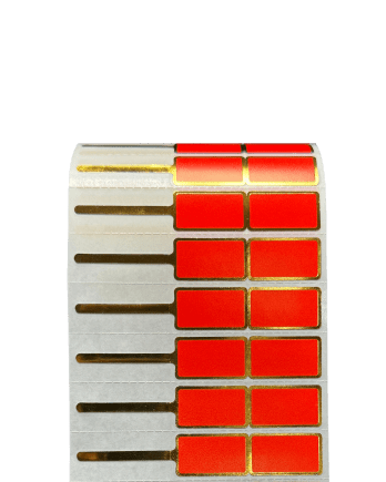 PP Matte Red Jewelry Label with KGold Rim 7.5 x 1.3 cm<br>สติ๊กเกอร์จิวเวลรี่พีพีด้านพื้นแดง สีเคทองรอบดวง<br>ไดคัทหางหนู ขนาด 7.5 x 1.3 ซม.